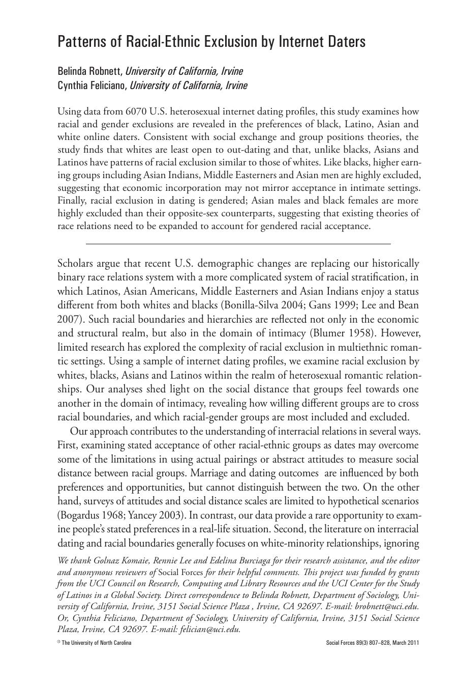 Patterns of Racial-Ethnic Exclusion by Internet Daters (2011) by Belinda Robnett & Cynthia Feliciano by Unknown