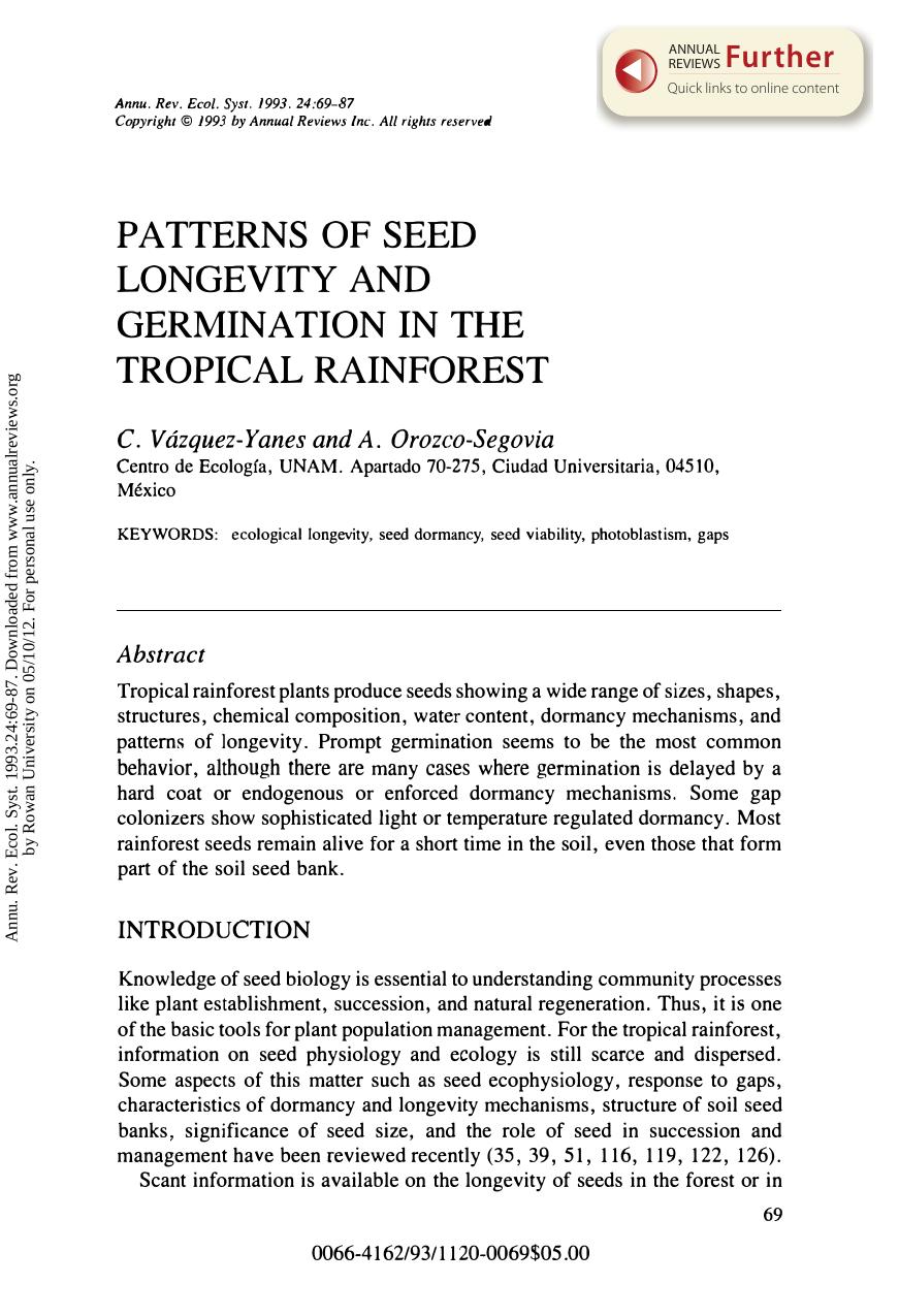 Patterns of Seed Longevity and Germination in the Tropical Rainforest by C Vazquez-Yanes & and A Orozco-Segovia