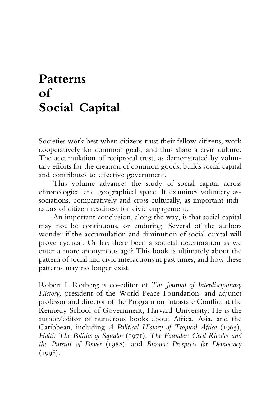Patterns of Social Capital: Stability and Change in Historical Perspective (Studies in Interdisciplinary History) by Robert I. Rotberg