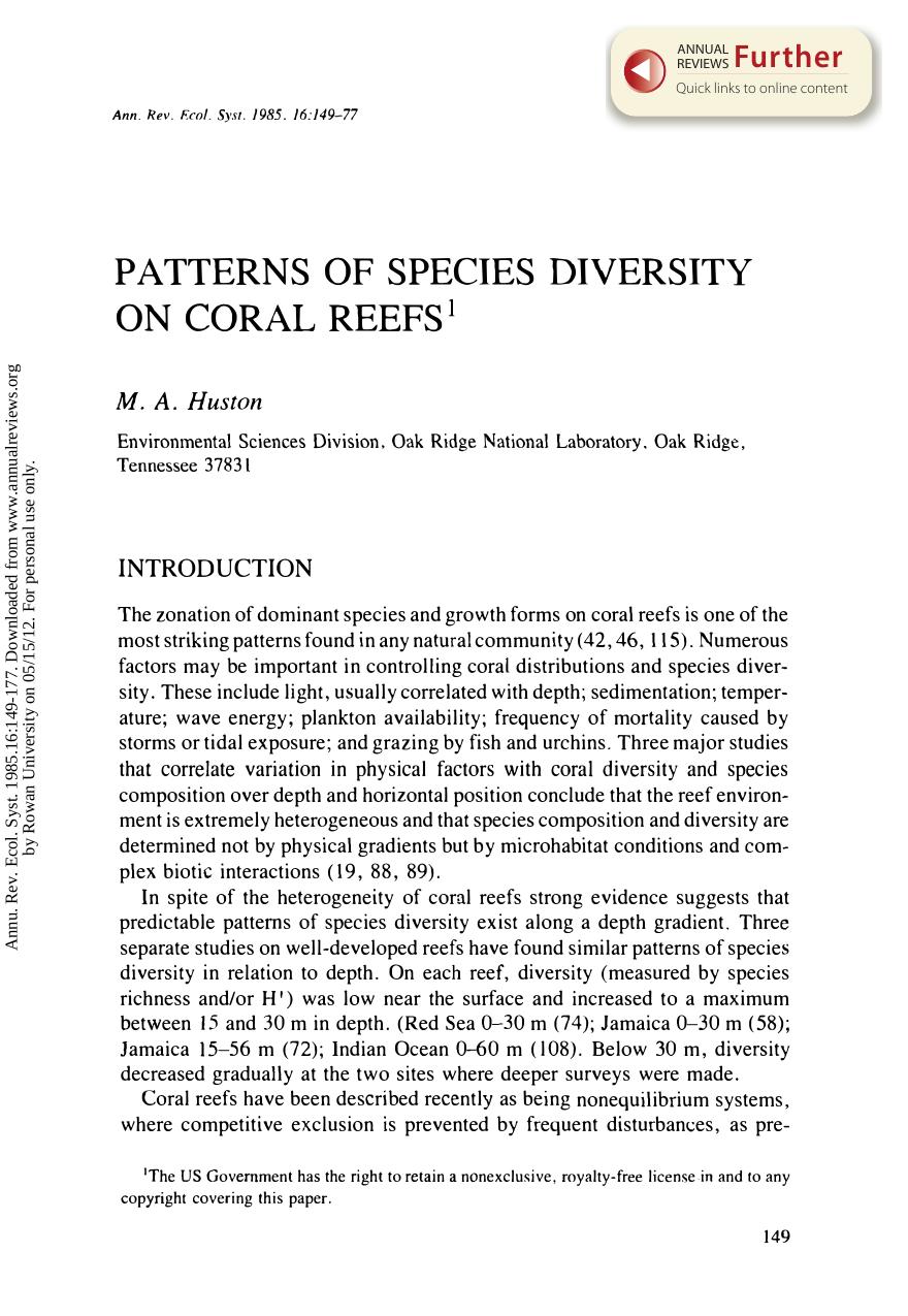 Patterns of Species Diversity on Coral Reefs by M A Huston