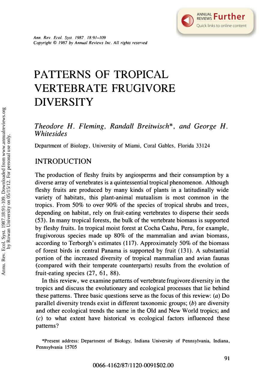 Patterns of Tropical Vertebrate Frugivore Diversity by T H Fleming R Breitwisch and & G H Whitesides