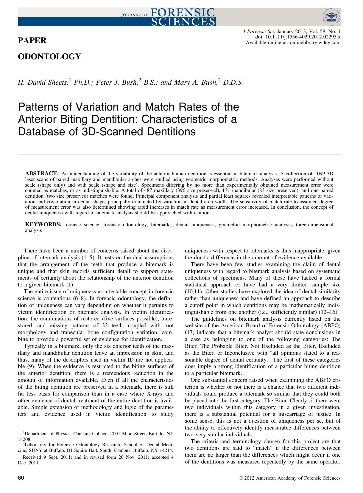 Patterns of Variation and Match Rates of the Anterior Biting Dentition: Characteristics of a Database of 3DScanned Dentitions by Unknown