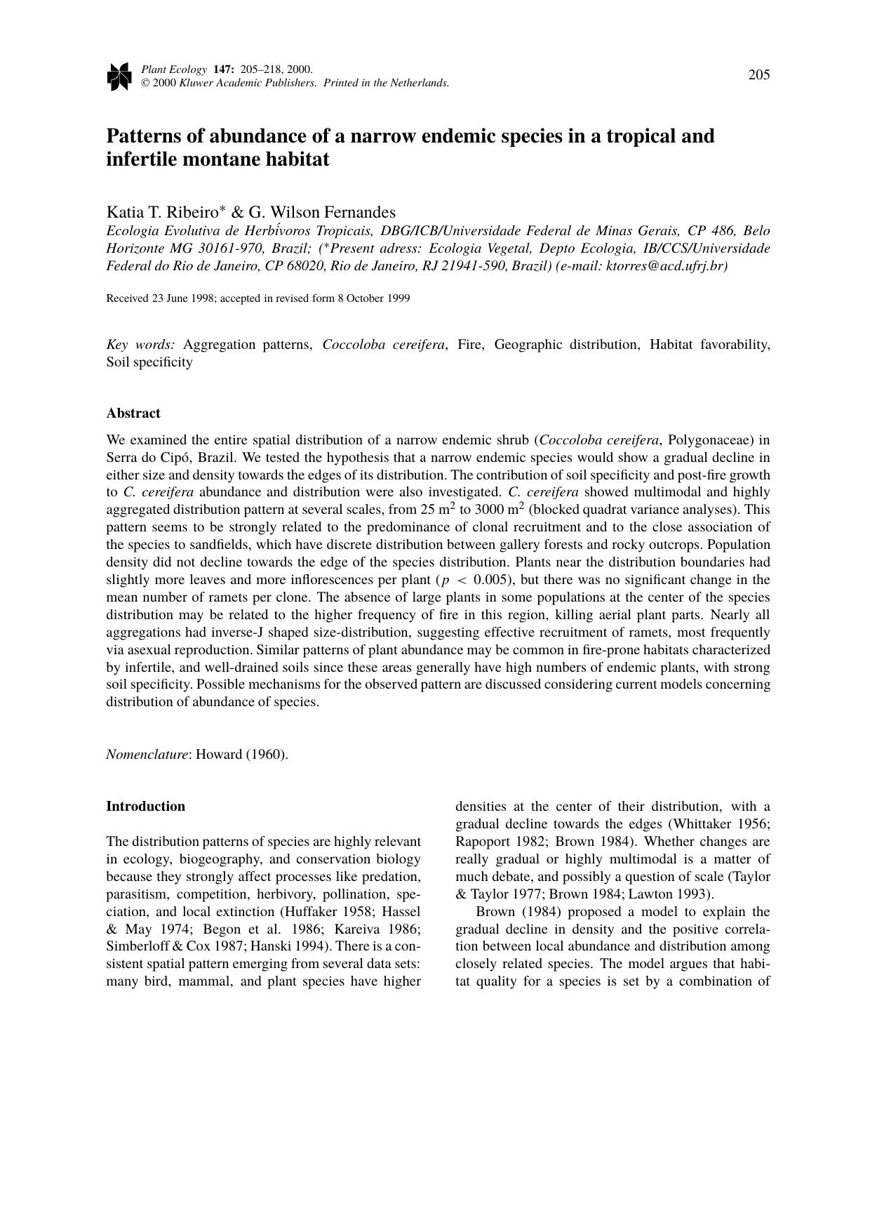 Patterns of abundance of a narrow endemic species in a tropical and infertile montane habitat by Unknown