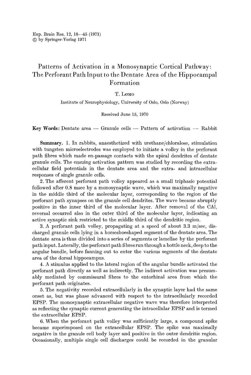 Patterns of activation in a monosynaptic cortical pathway: The perforant path input to the dentate area of the hippocampal formation by Unknown