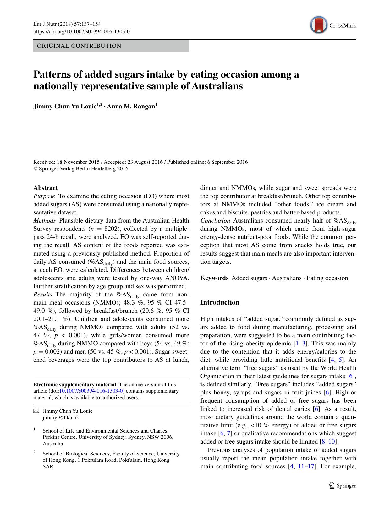 Patterns of added sugars intake by eating occasion among a nationally representative sample of Australians by Jimmy Chun Yu Louie & Anna M. Rangan