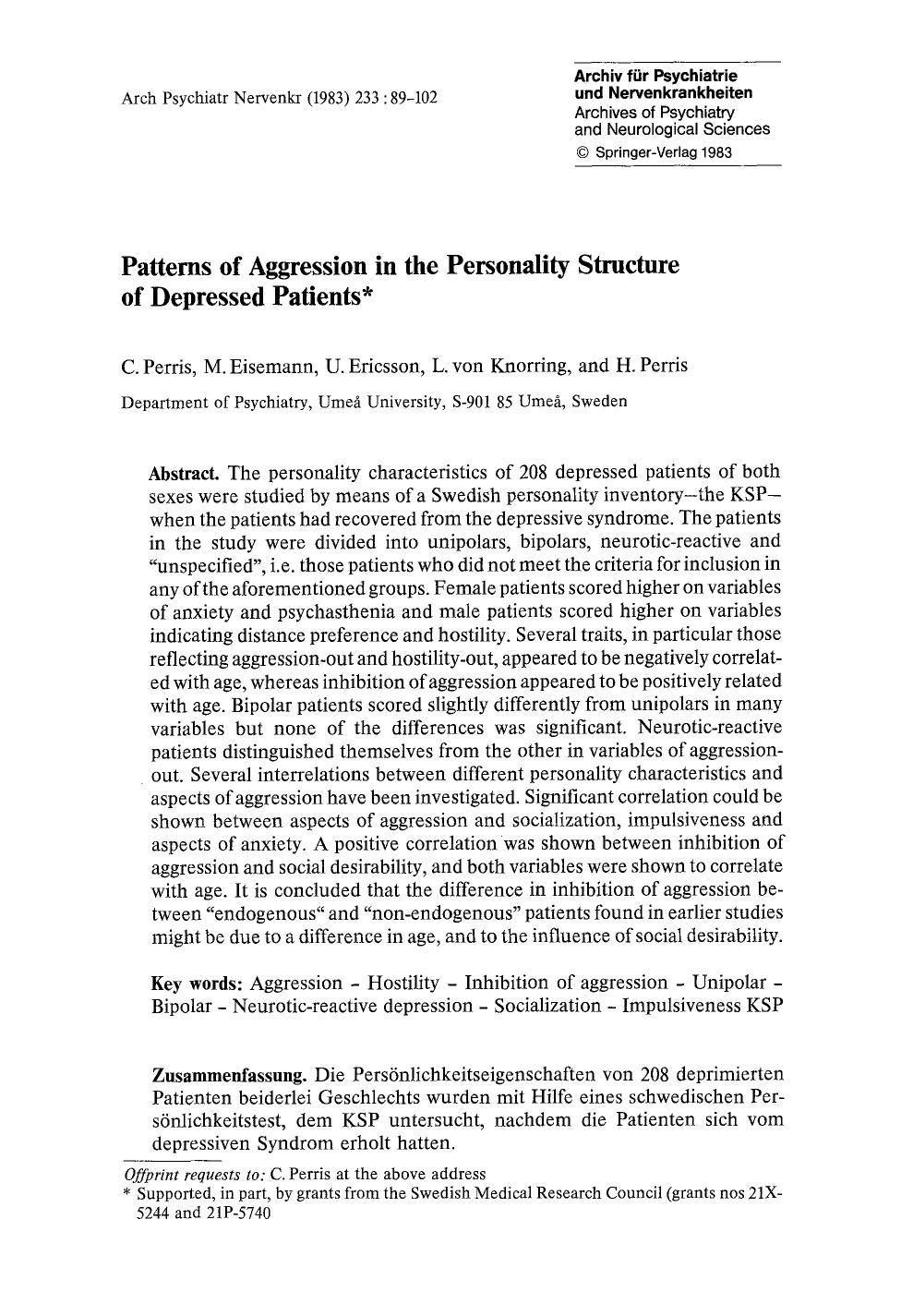 Patterns of aggression in the personality structure of depressed patients by Unknown