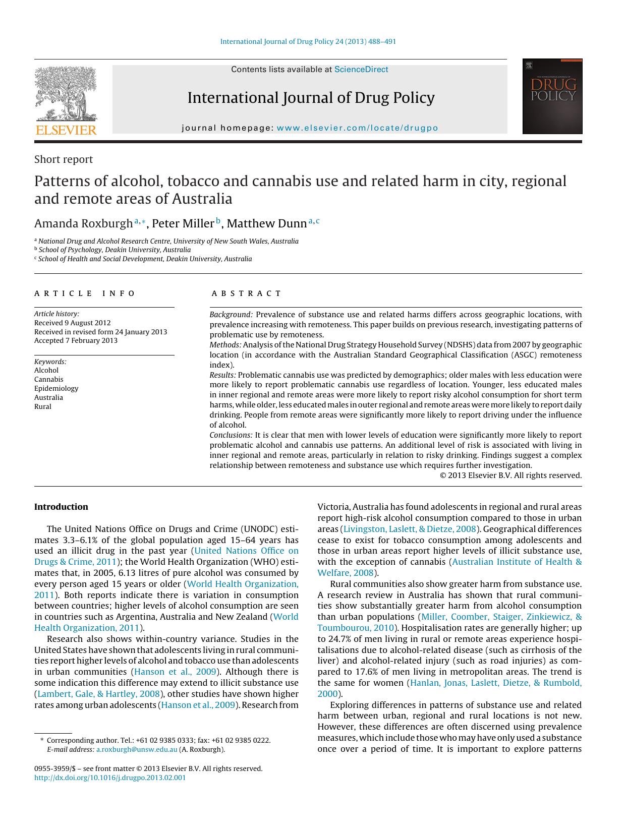 Patterns of alcohol, tobacco and cannabis use and related harm in city, regional and remote areas of Australia by Amanda Roxburgh