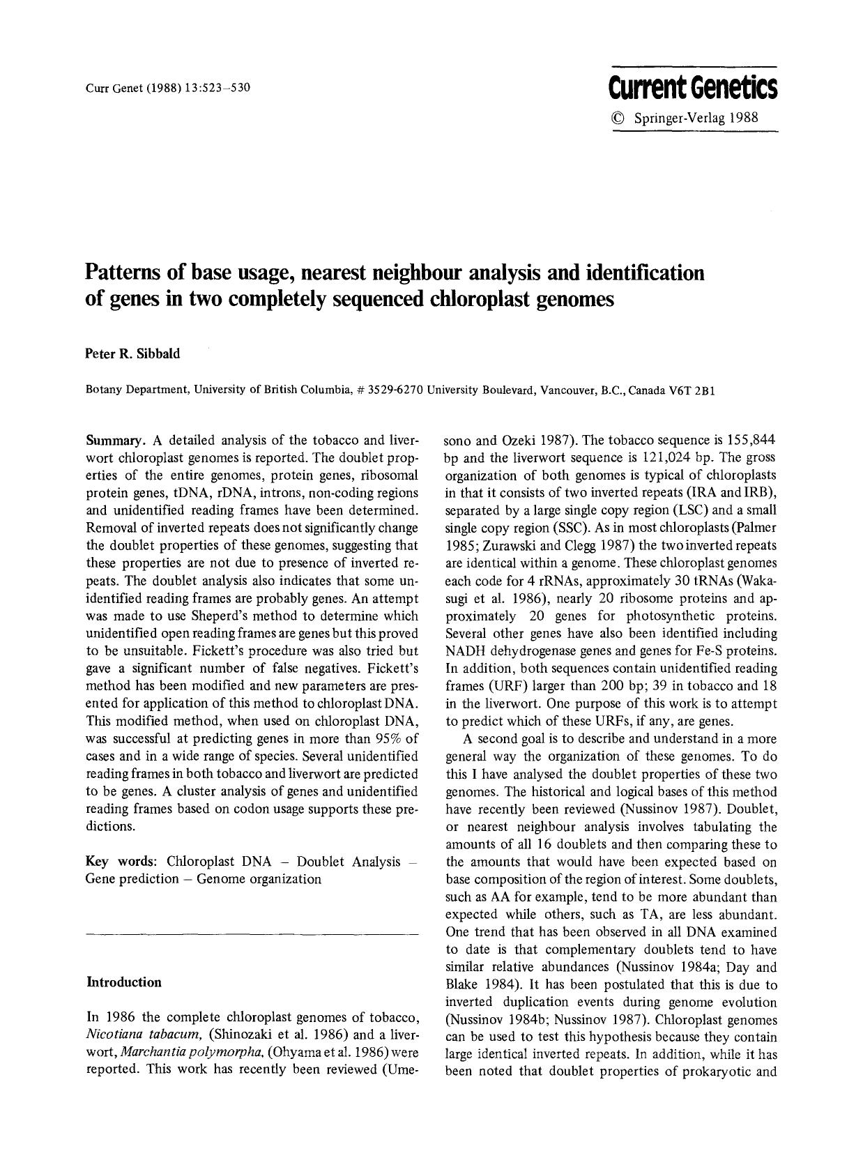 Patterns of base usage, nearest neighbour analysis and identification of genes in two completely sequenced chloroplast genomes by Unknown