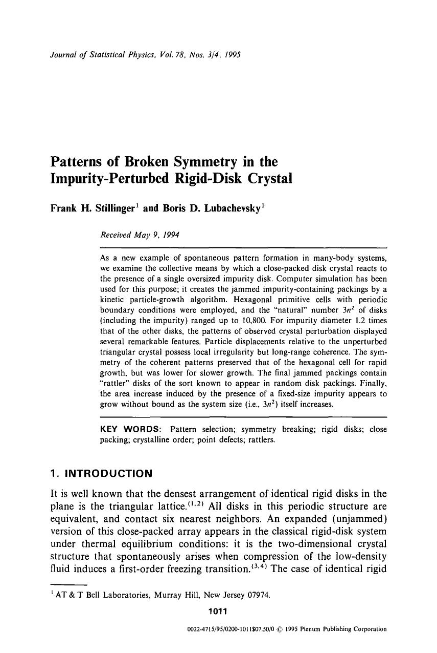 Patterns of broken symmetry in the impurity-perturbed rigid-disk crystal by Unknown