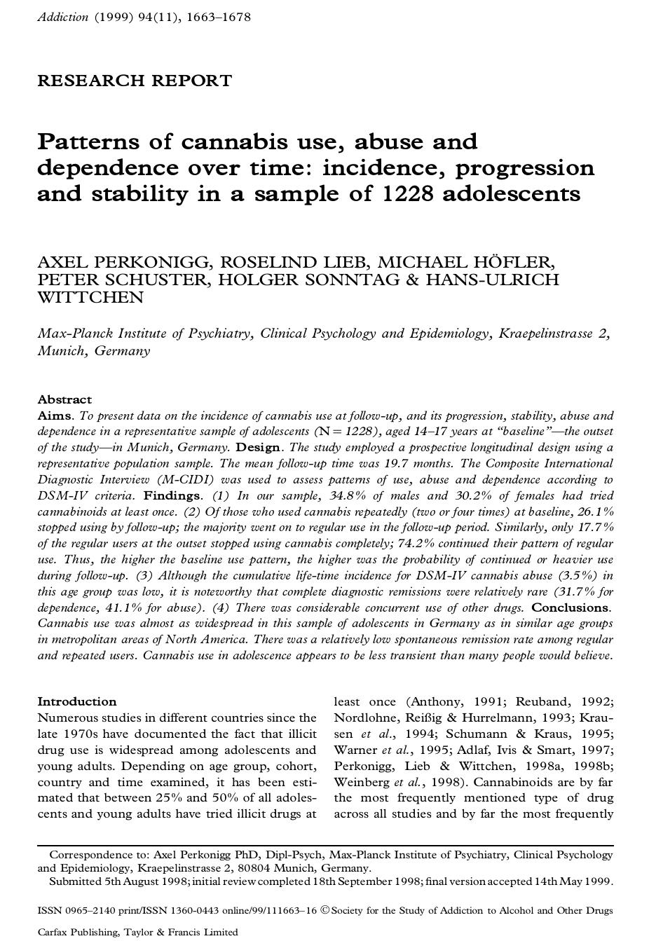 Patterns of cannabis use, abuse and dependence over time: incidence, progression and stability in a sample of 1228 adolescents by Unknown