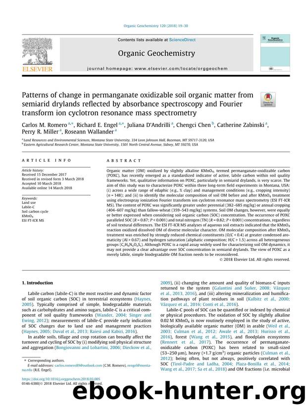 Patterns of change in permanganate oxidizable soil organic matter from semiarid drylands reflected by absorbance spectroscopy and Fourier transform ion cyclotron resonance mass spectrometry by unknow