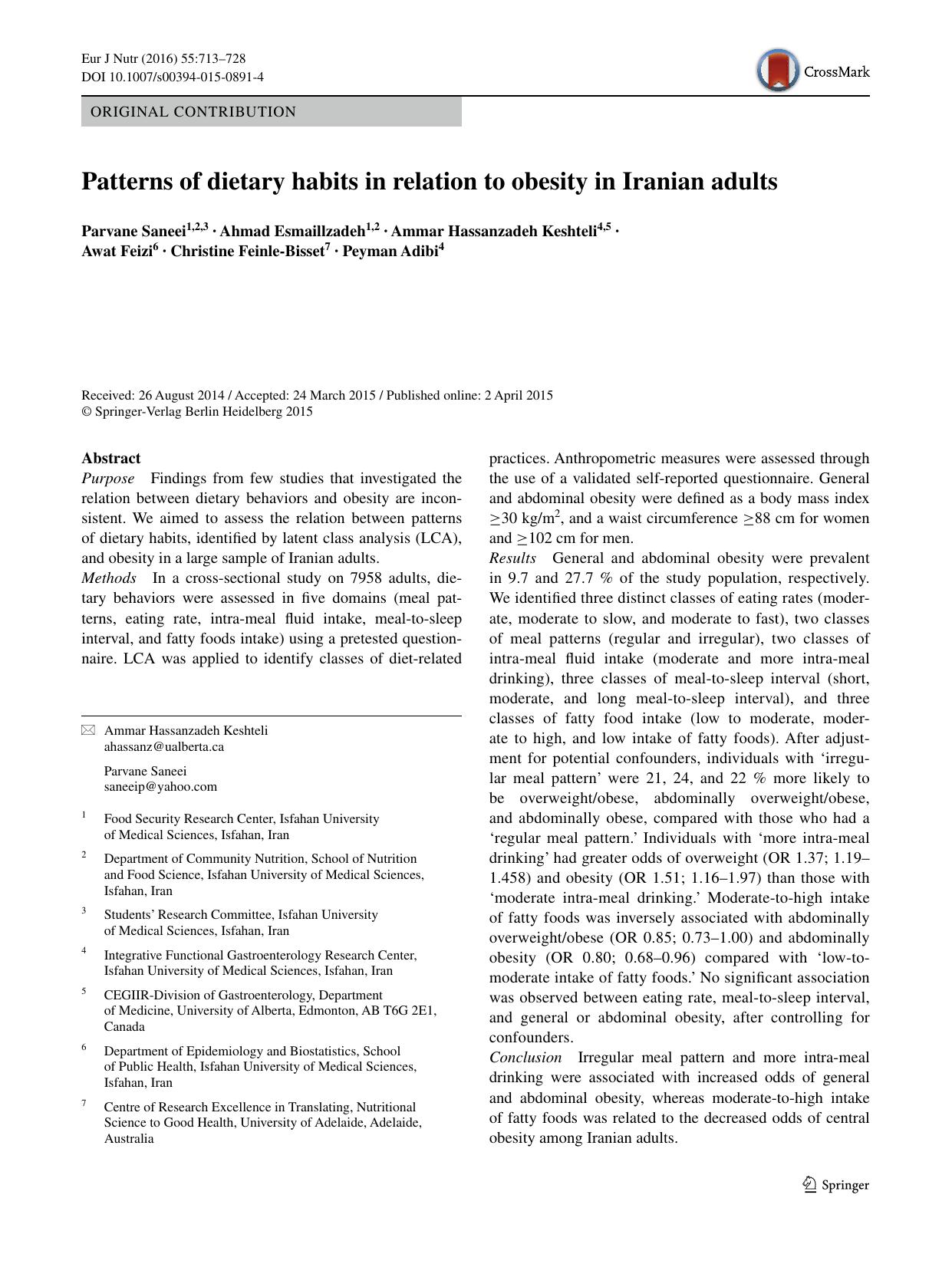 Patterns of dietary habits in relation to obesity in Iranian adults by unknow