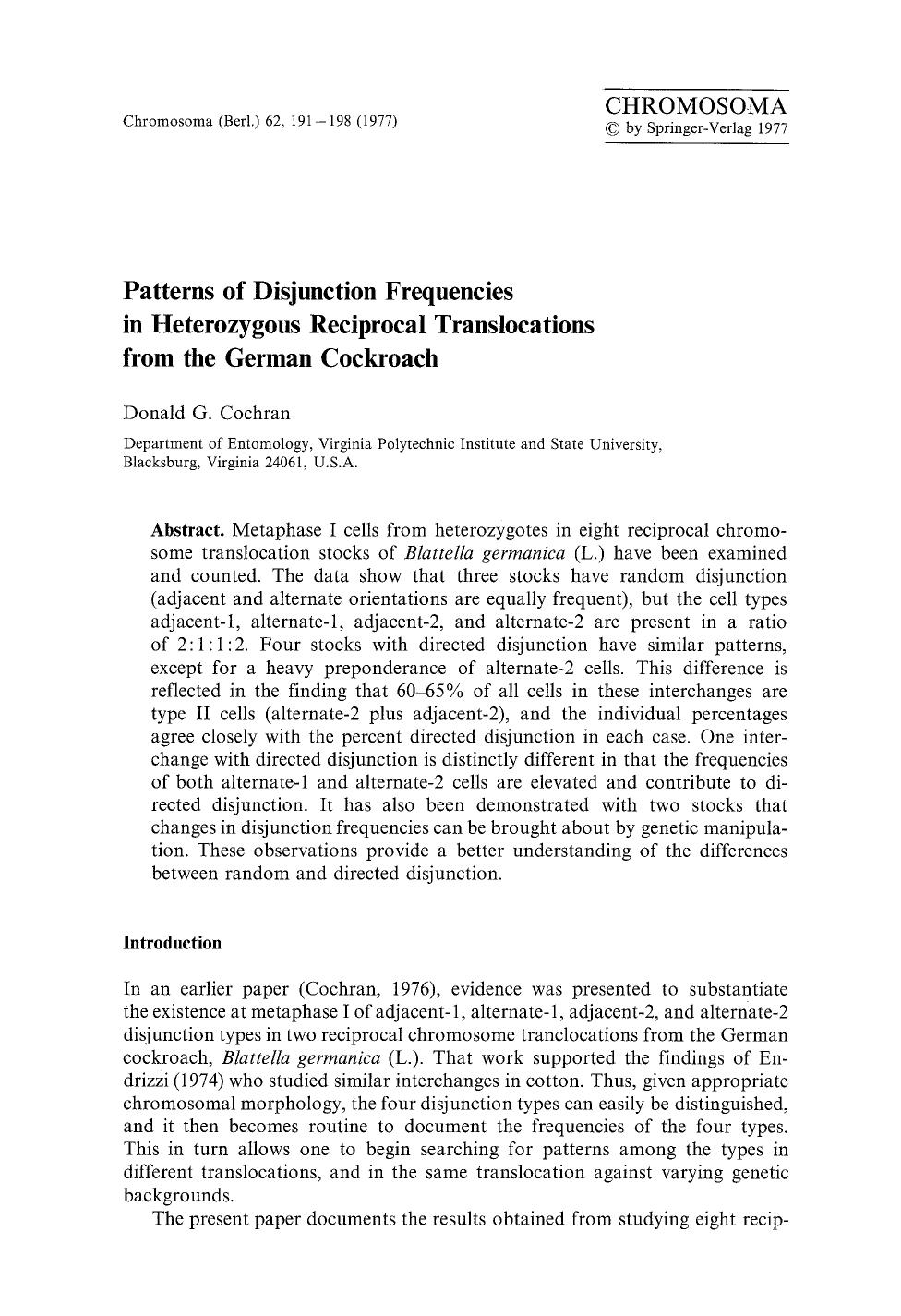 Patterns of disjunction frequencies in heterozygous reciprocal translocations from the German cockroach by Unknown