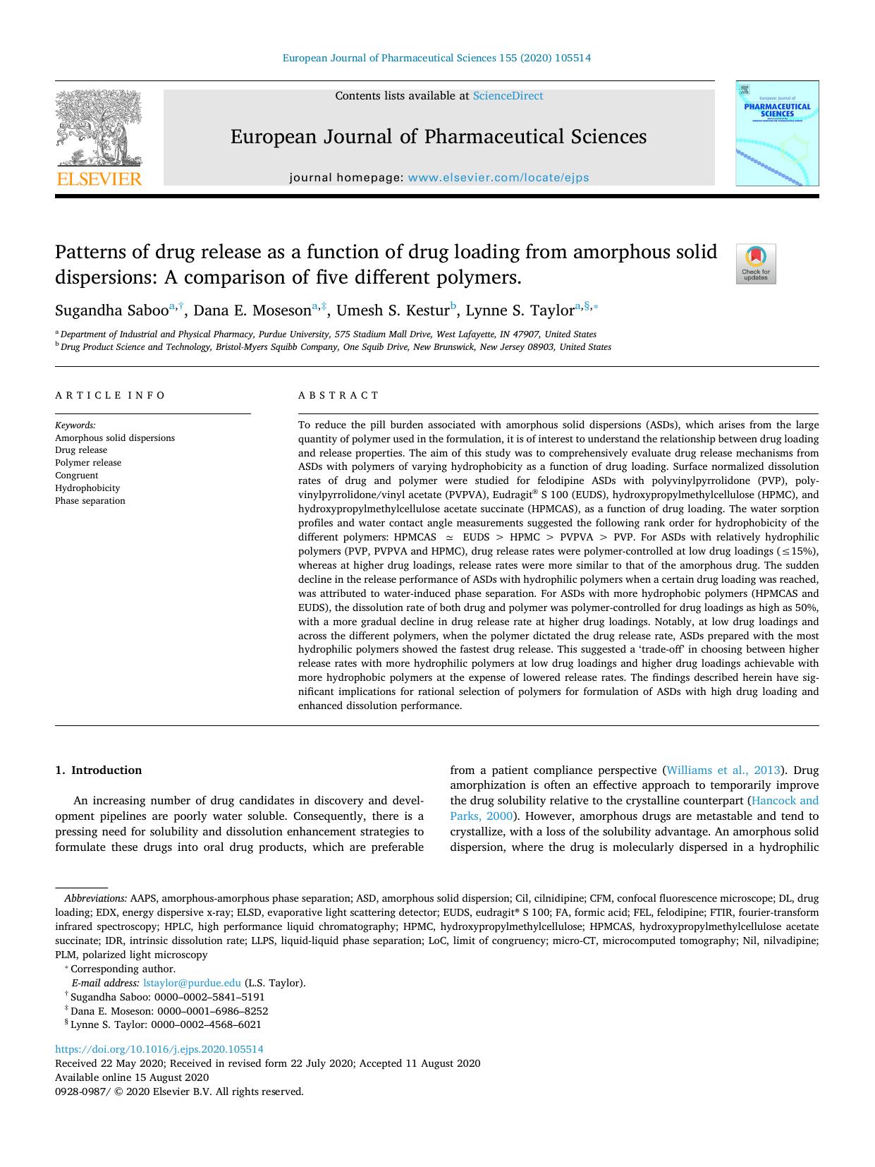 Patterns of drug release as a function of drug loading from amorphous solid dispersions_ A comparison of five different polymers. by Sugandha Saboo & Dana E. Moseson & Umesh S. Kestur & Lynne S. Taylor