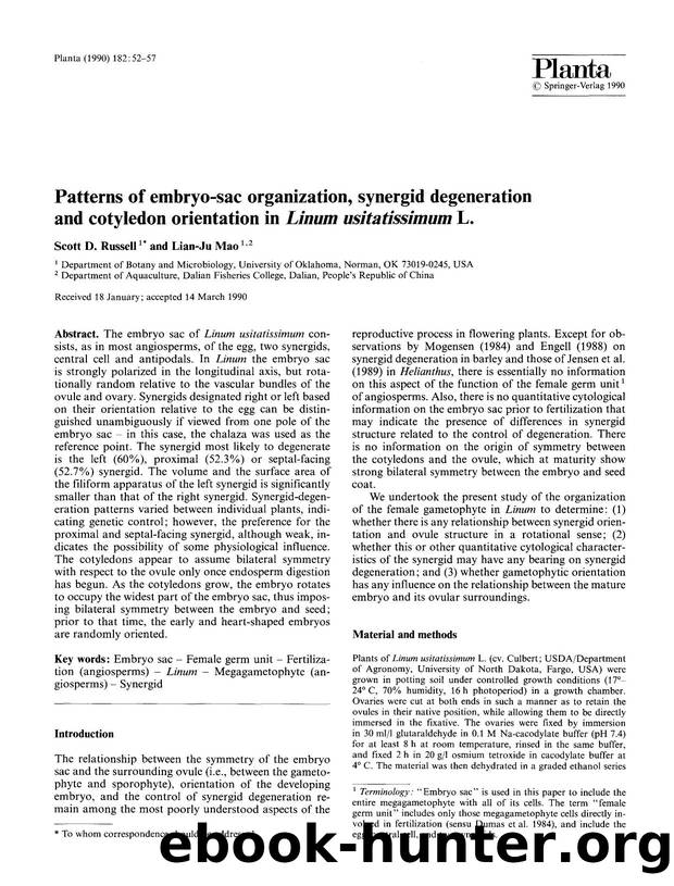Patterns of embryo-sac organization, synergid degeneration and cotyledon orientation in <Emphasis Type="Italic">Linum usitatissimum<Emphasis> L. by Unknown