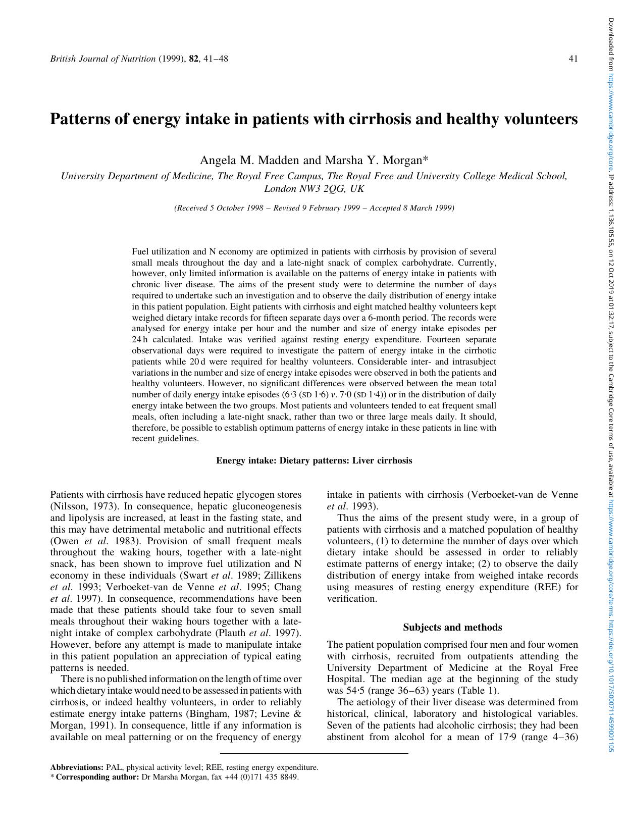 Patterns of energy intake in patients with cirrhosis and healthy volunteers by Angela M. Madden Marsha Y. Morgan