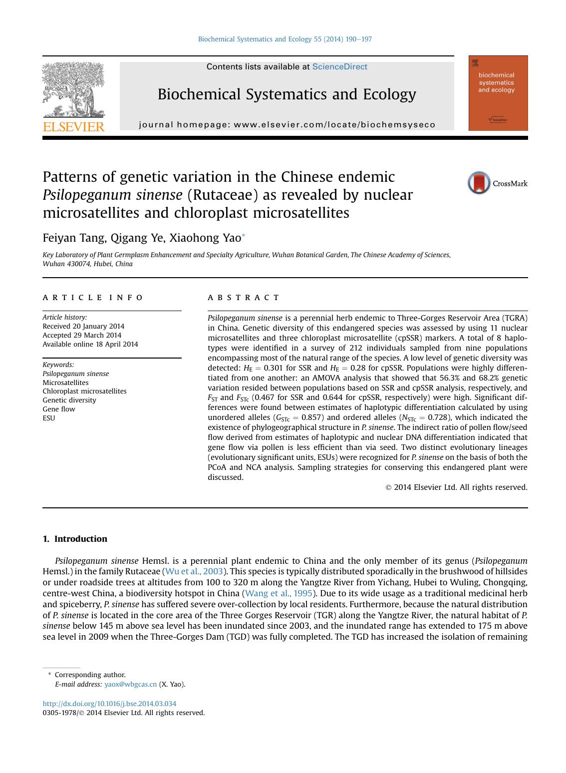 Patterns of genetic variation in the Chinese endemic Psilopeganum sinense (Rutaceae) as revealed by nuclear microsatellites and chloroplast microsatellites by Feiyan Tang & Qigang Ye & Xiaohong Yao