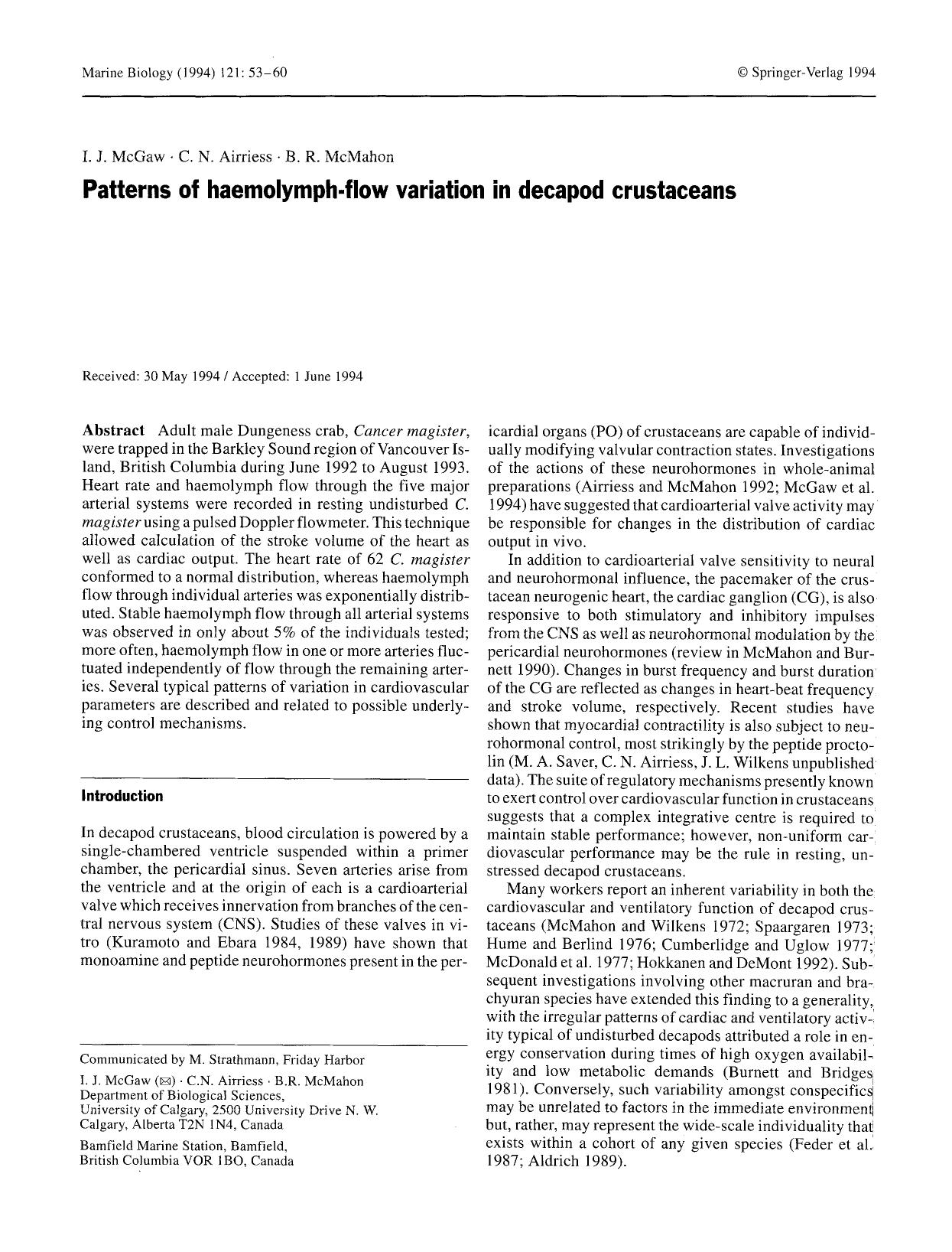 Patterns of haemolymph-flow variation in decapod crustaceans by Unknown