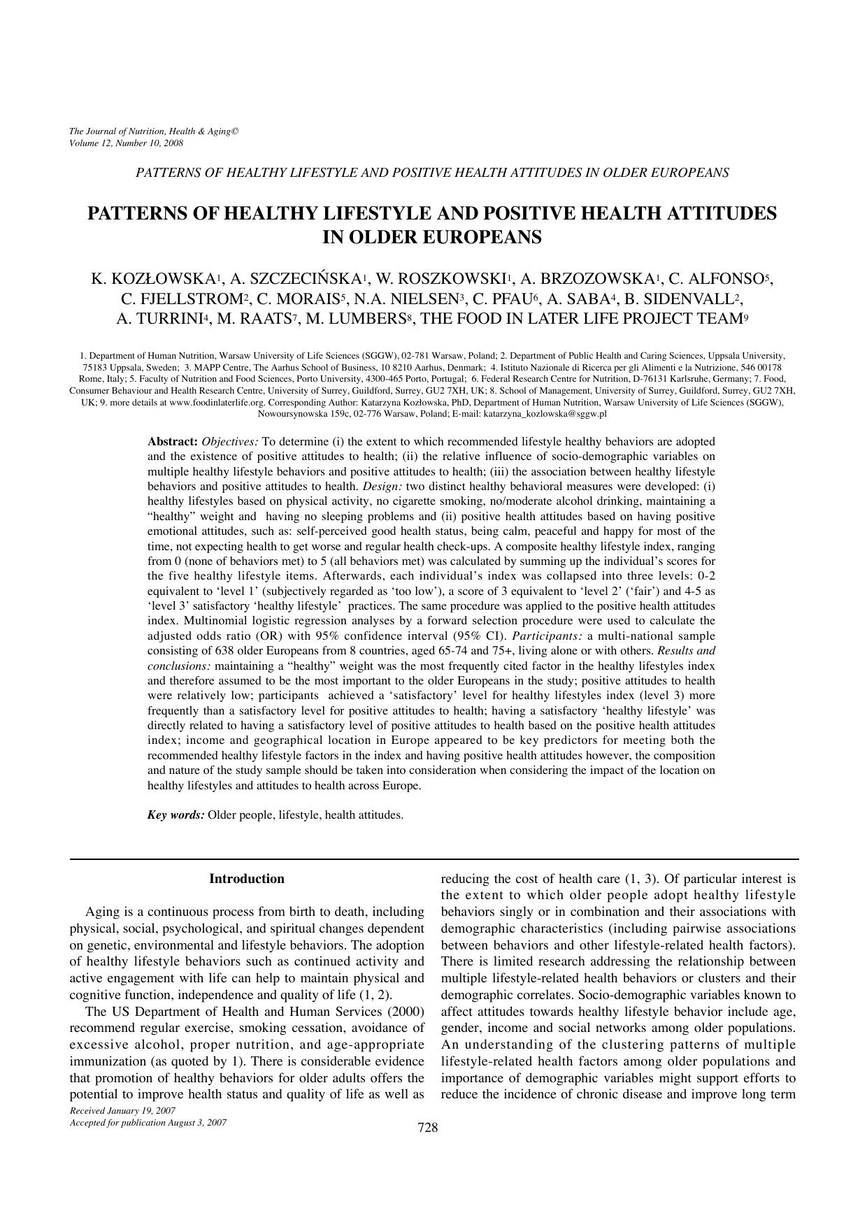 Patterns of healthy lifestyle and positive health attitudes in older Europeans by Unknown