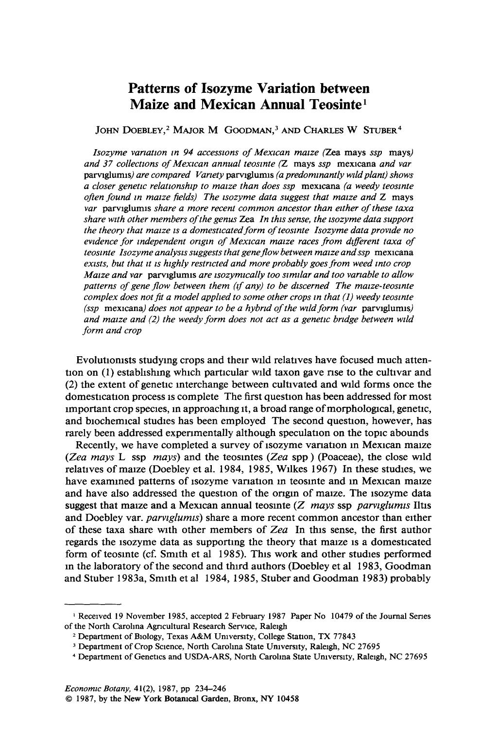 Patterns of isozyme variation between maize and Mexican annual teosinte by Unknown
