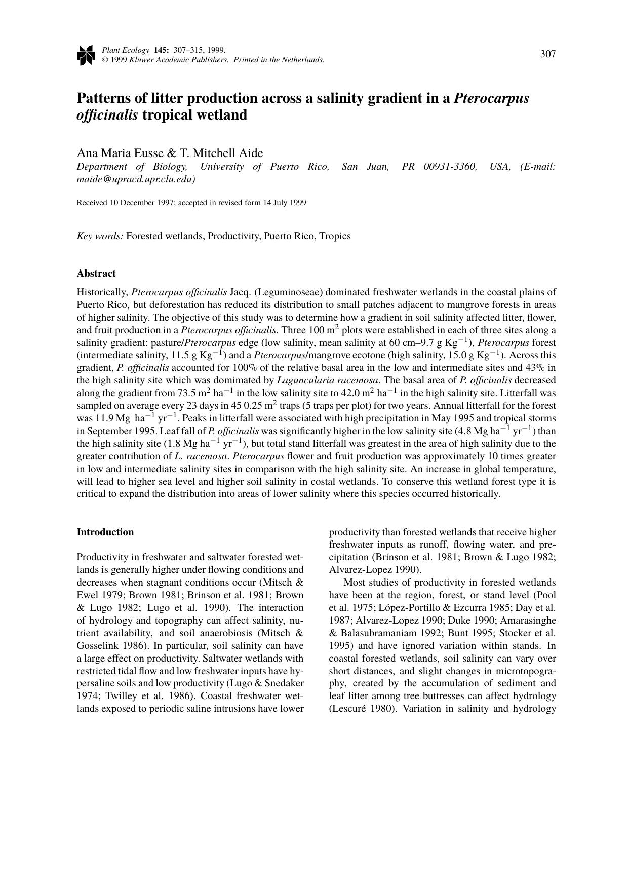 Patterns of litter production across a salinity gradient in a Pterocarpus officinalis tropical wetland by Unknown