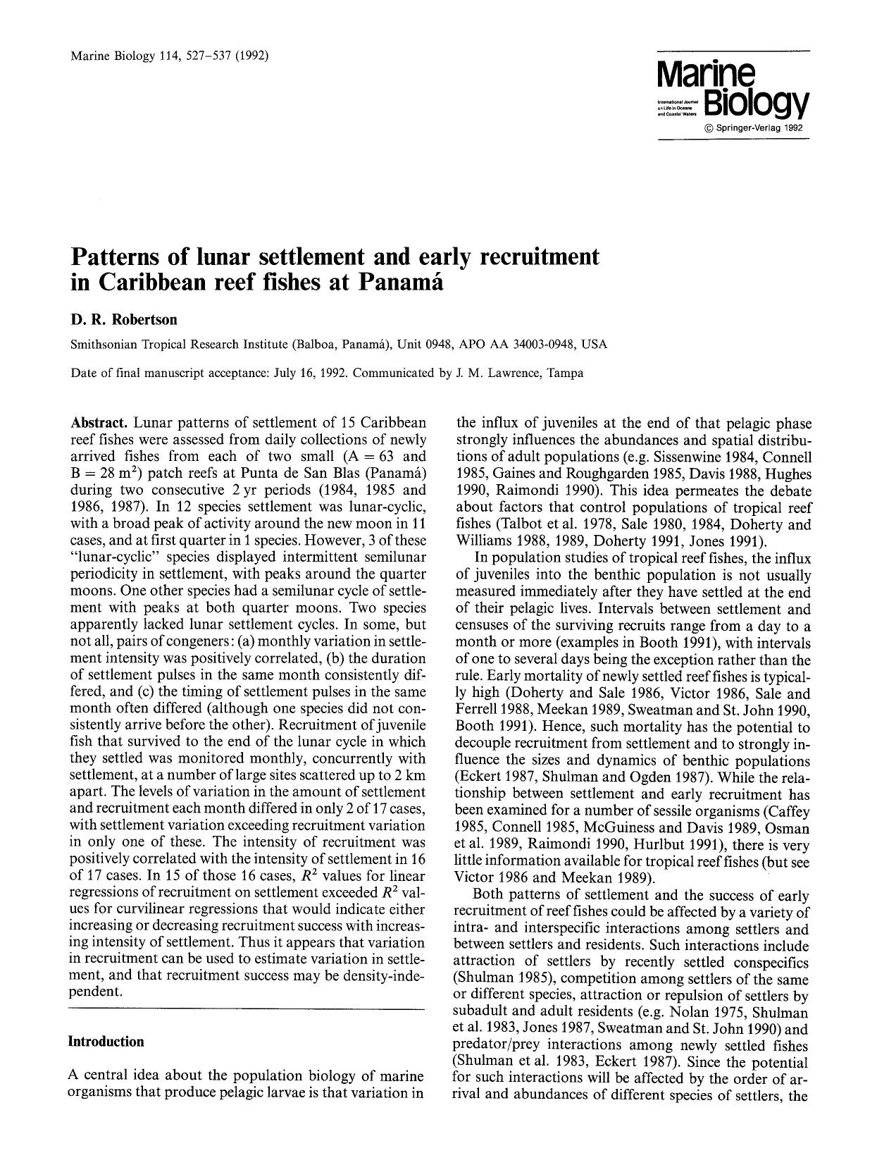 Patterns of lunar settlement and early recruitment in Caribbean reef fishes at Panamá by Unknown
