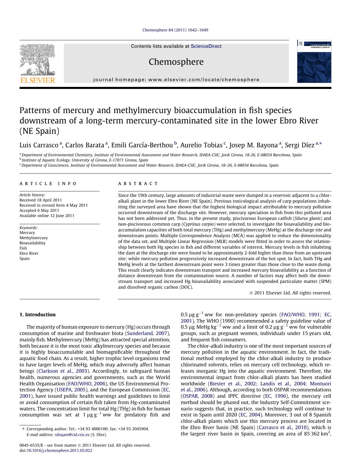 Patterns of mercury and methylmercury bioaccumulation in fish species downstream of a long-term mercury-contaminated site in the lower Ebro River (NE Spain) by unknow