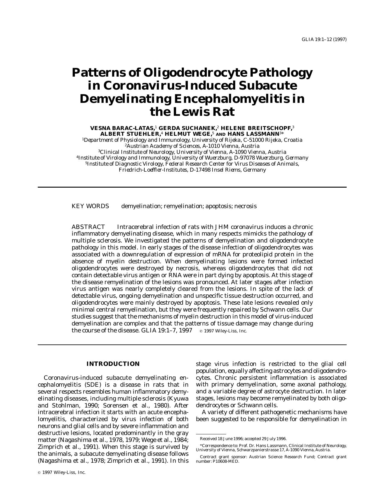 Patterns of oligodendrocyte pathology in coronavirus-induced subacute demyelinating encephalomyelitis in the lewis rat by Unknown