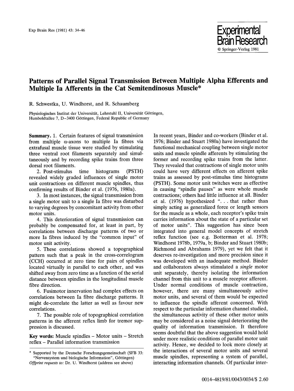 Patterns of parallel signal transmission between multiple alpha efferents and multiple Ia afferents in the cat semitendinosus muscle by Unknown
