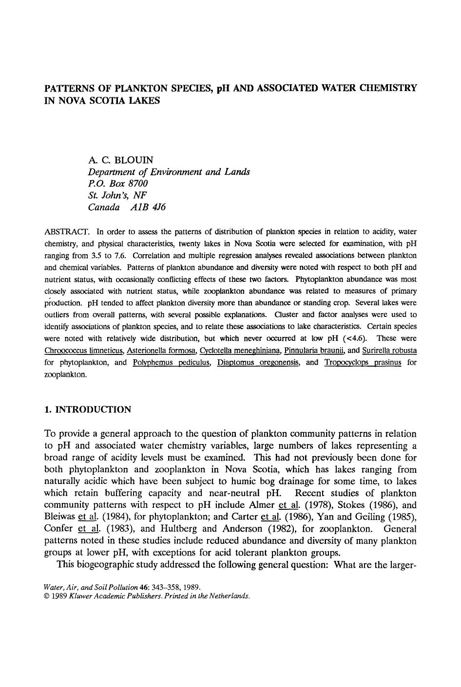 Patterns of plankton species, pH and associated water chemistry in Nova Scotia lakes by Unknown