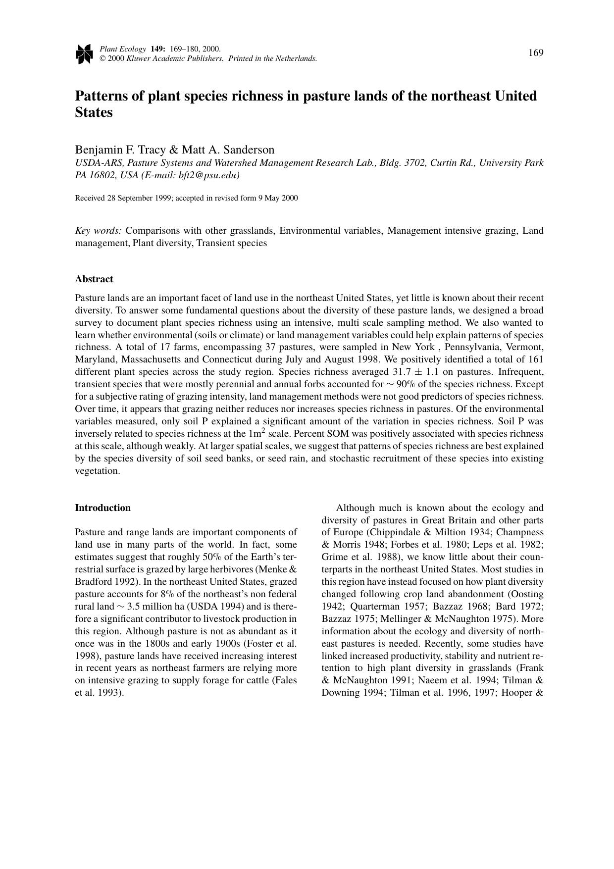 Patterns of plant species richness in pasture lands of the northeast United States by Unknown