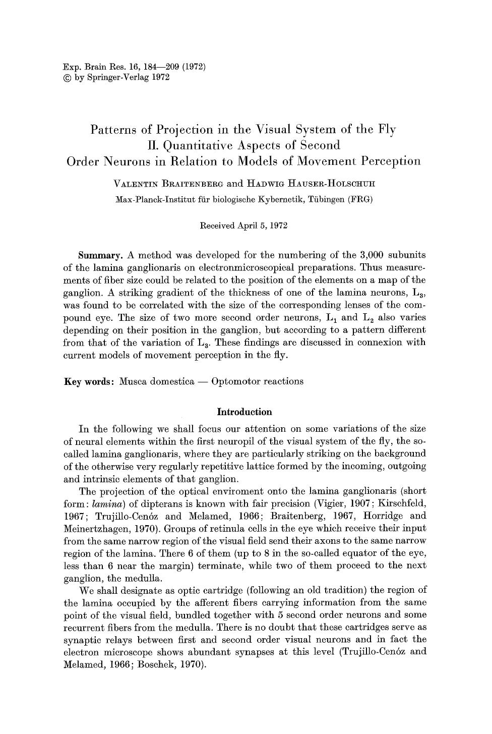 Patterns of projection in the visual system of the fly II. Quantitative aspects of second order neurons in relation to models of movement perception by Unknown