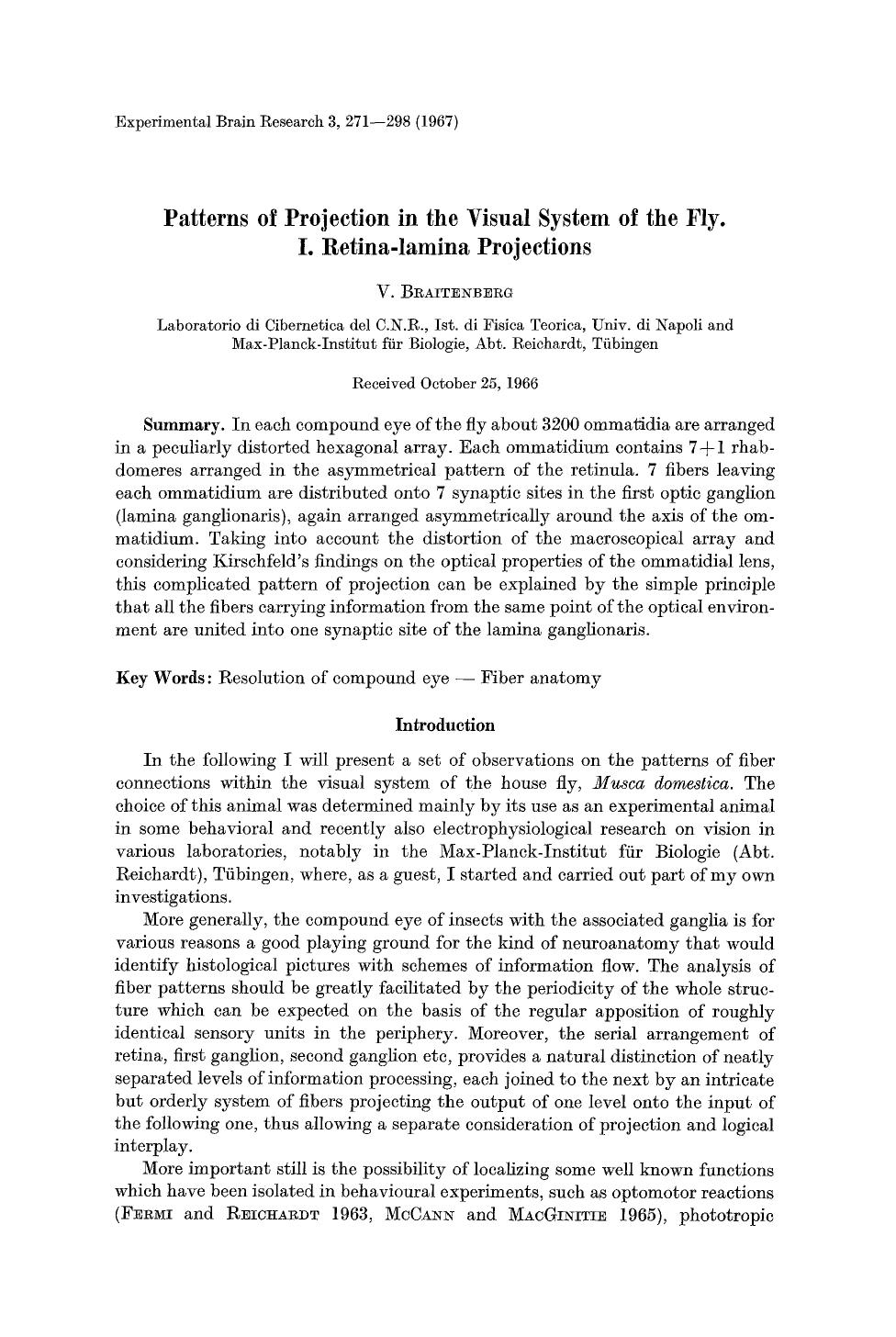 Patterns of projection in the visual system of the fly. I. Retina-lamina projections by Unknown