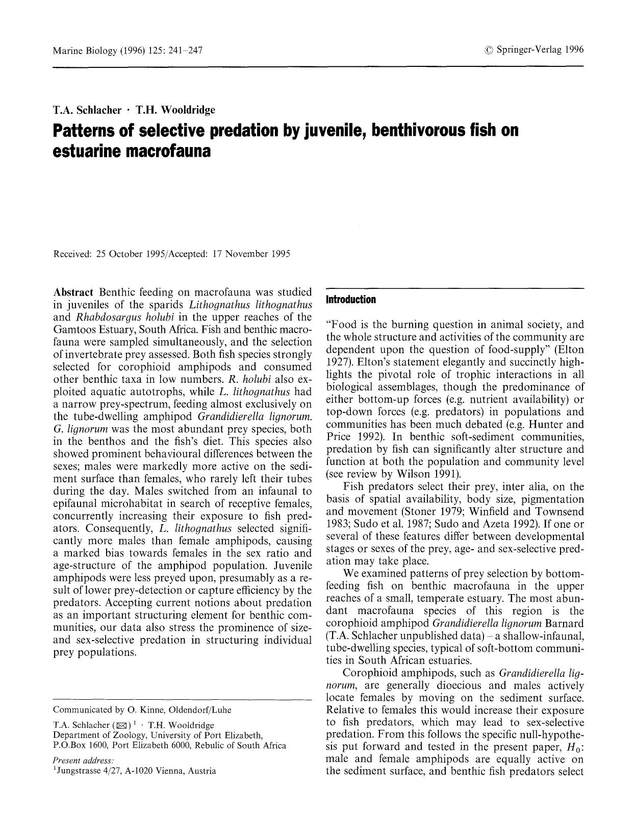 Patterns of selective predation by juvenile, benthivorous fish on estuarine macrofauna by Unknown