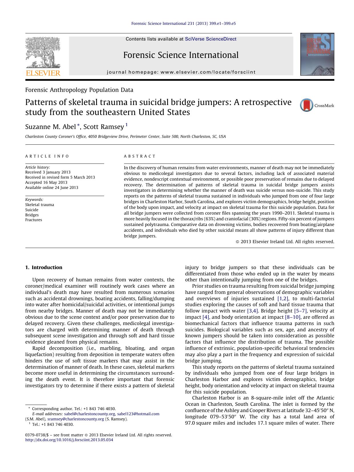 Patterns of skeletal trauma in suicidal bridge jumpers: A retrospective study from the southeastern United States by Suzanne M. Abel & Scott Ramsey