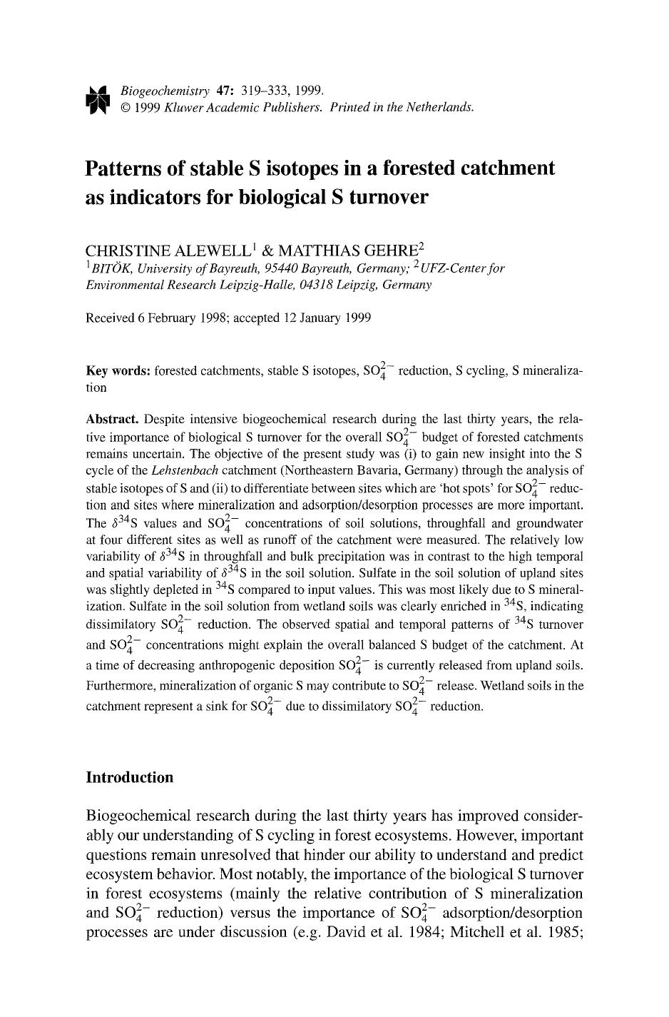 Patterns of stable S isotopes in a forested catchment as indicators for biological S turnover by Unknown