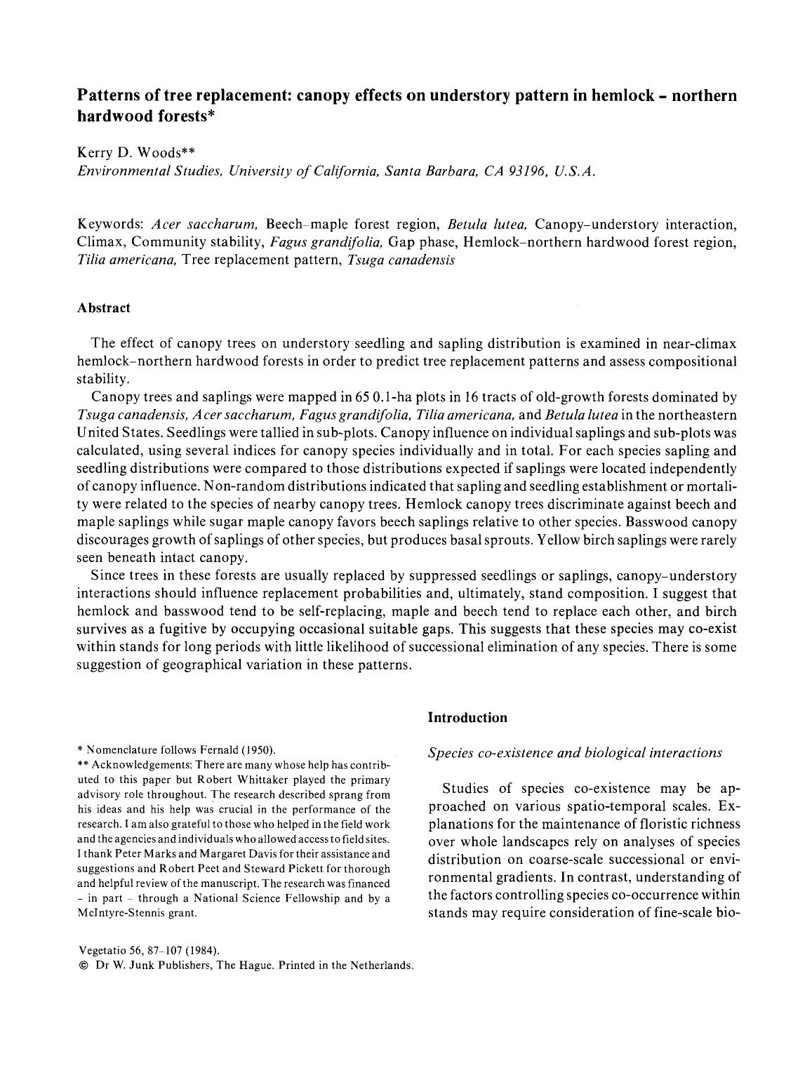 Patterns of tree replacement: canopy effects on understory pattern in hemlock-northern hardwood forests by Unknown