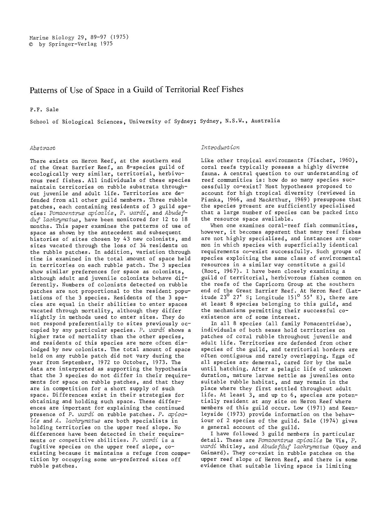 Patterns of use of space in a guild of territorial reef fishes by Unknown