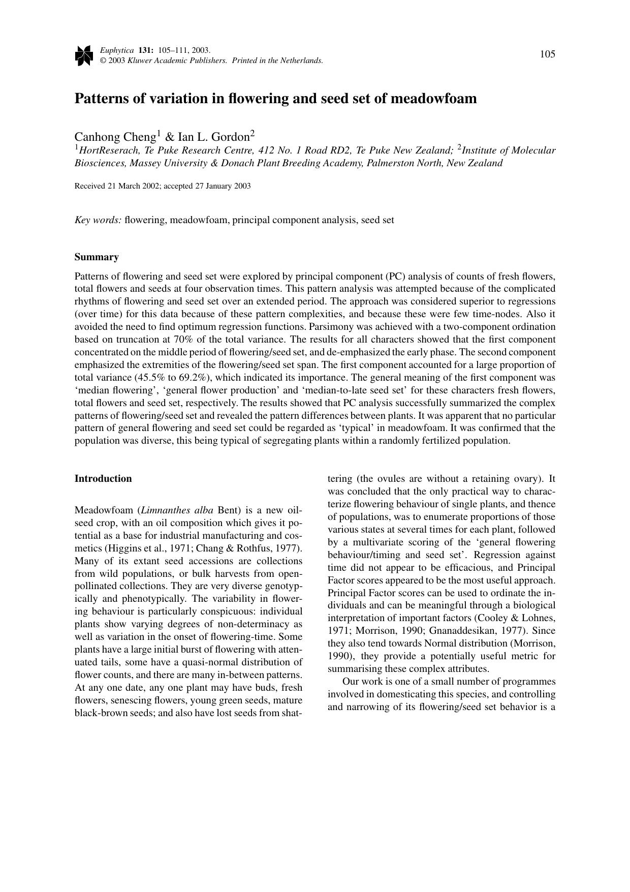 Patterns of variation in flowering and seed set of meadowfoam by Unknown