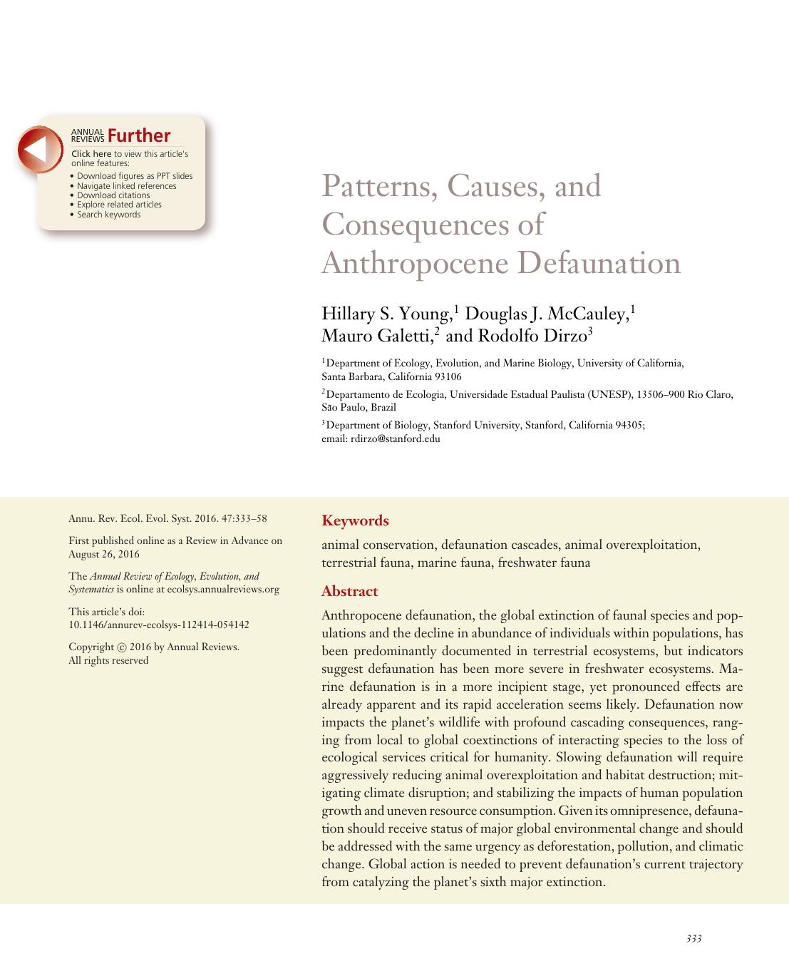 Patterns, Causes, and Consequences of Anthropocene Defaunation by Hillary S. Young Douglas J. McCauley Mauro Galetti Rodolfo Dirzo