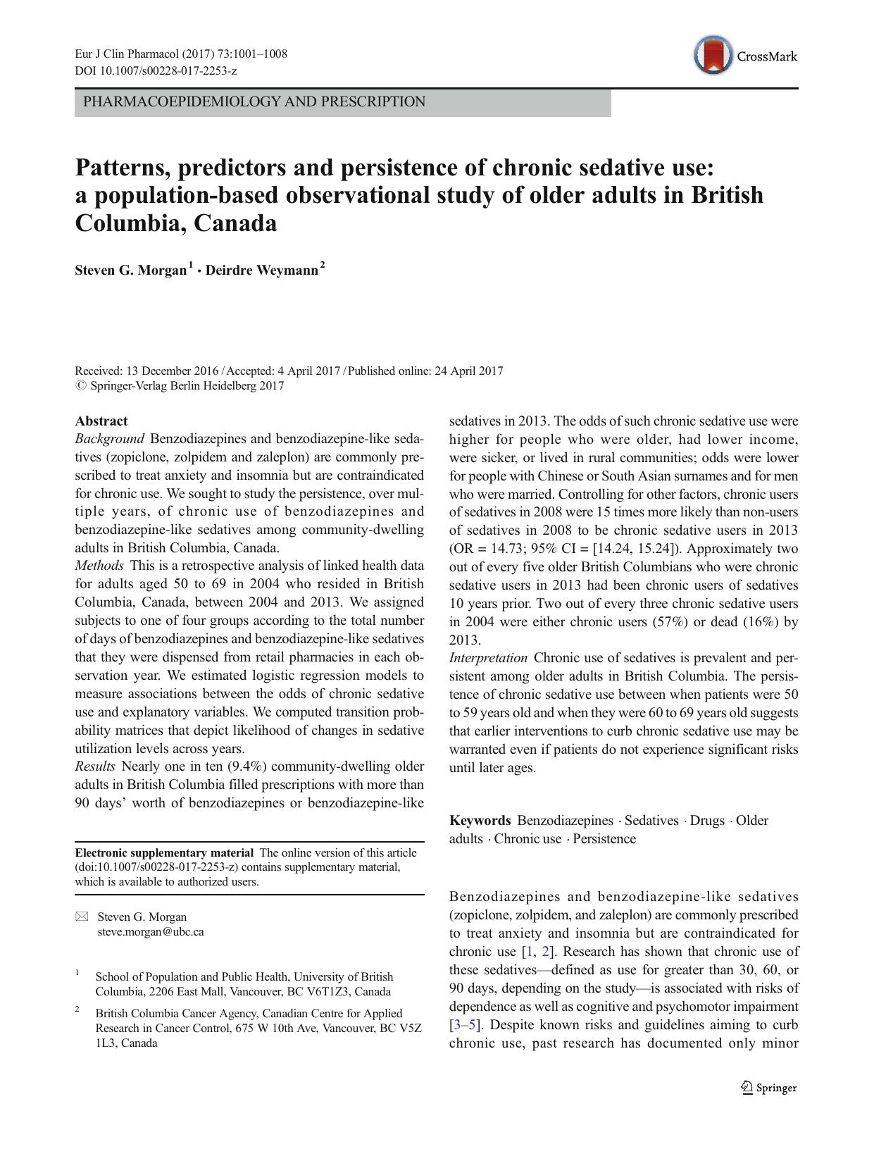 Patterns, predictors and persistence of chronic sedative use: a population-based observational study of older adults in British Columbia, Canada by Steven G. Morgan & Deirdre Weymann