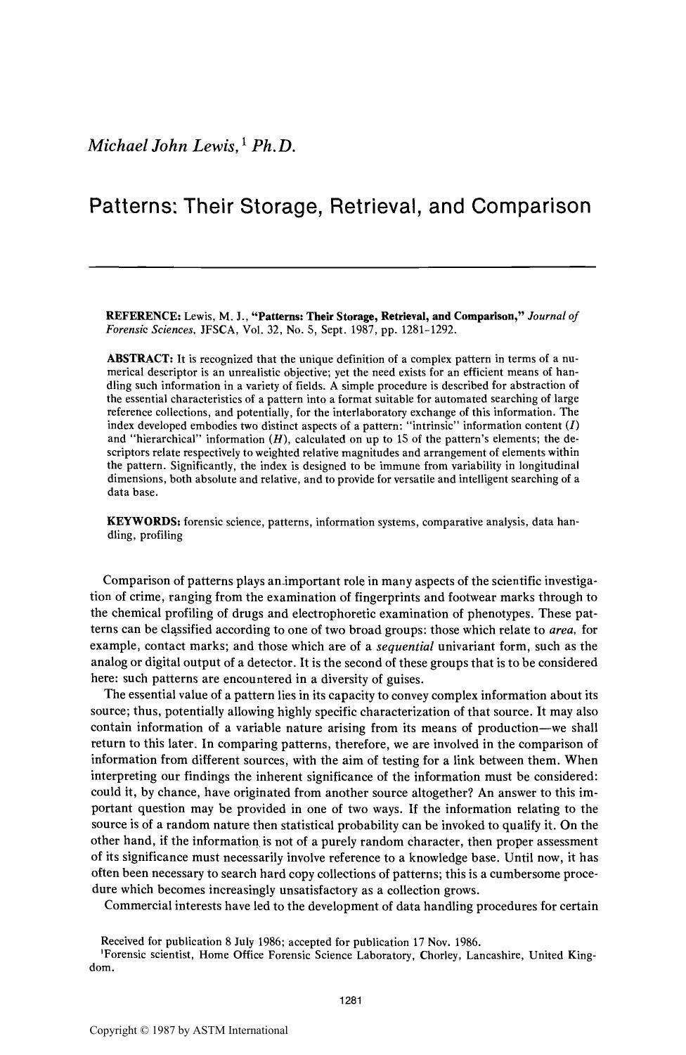 Patterns: Their Storage, Retrieval, and Comparison by Lewis MJ