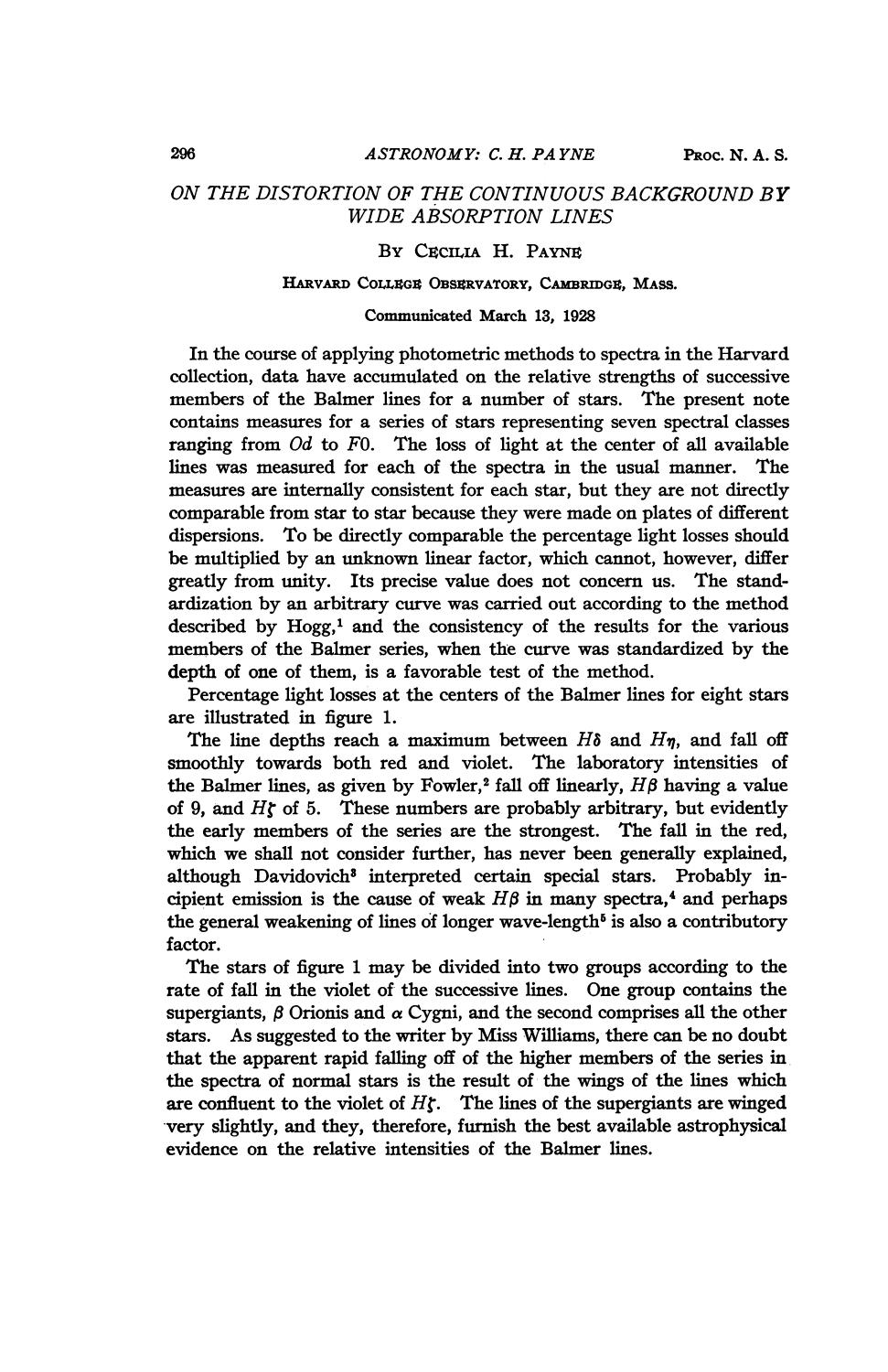 Payne C. H by On the Distortion of the Continuous Background by Wide Absorption Lines (1928)(6s)