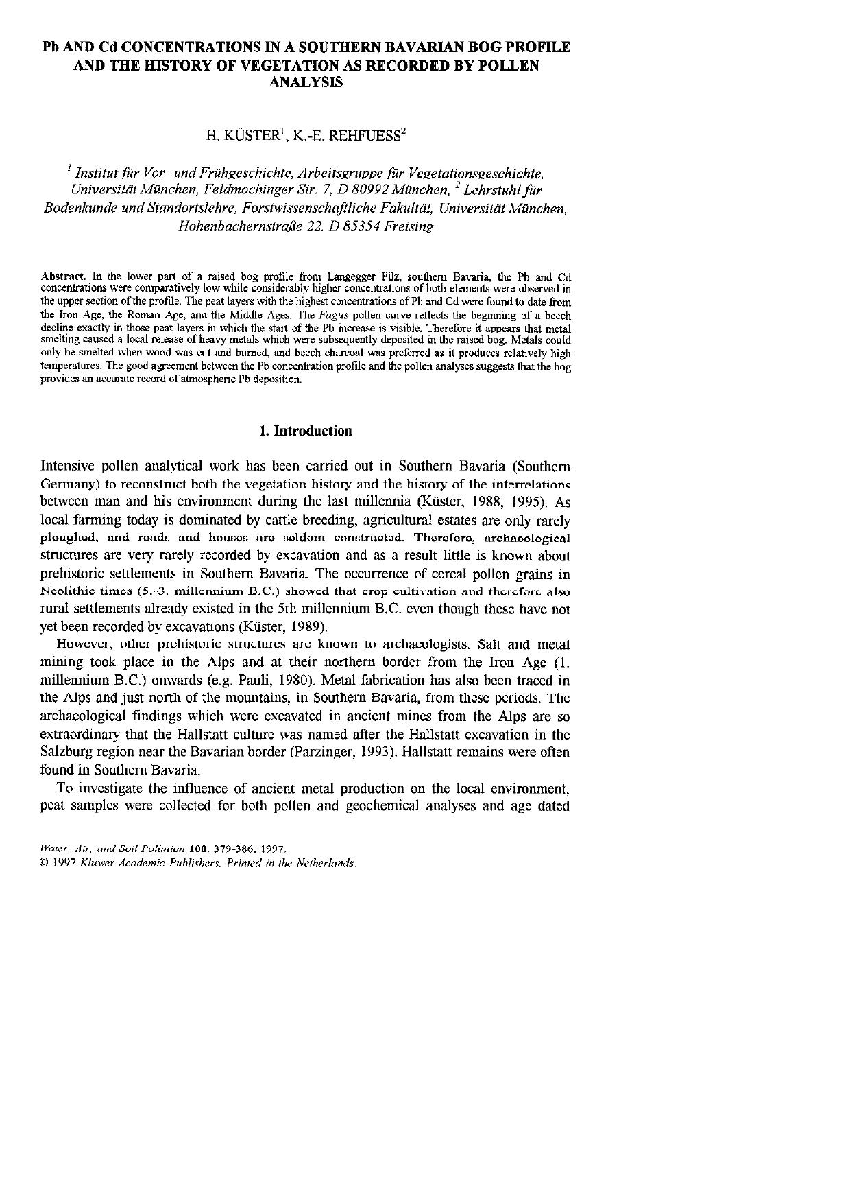 Pb and Cd Concentrations in a Southern Bavarian Bog Profile and the History of Vegetation as Recorded by Pollen Analysis by Unknown