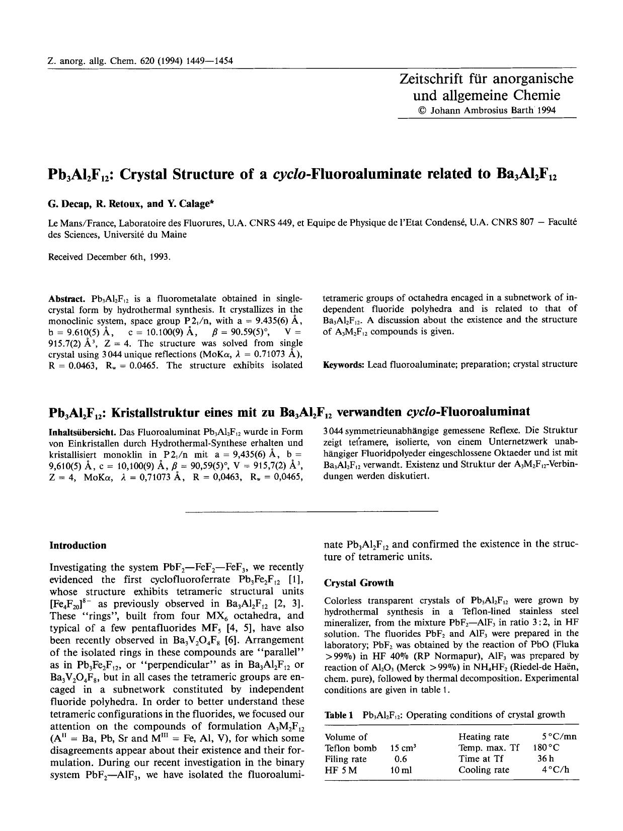 Pb3Al2F12: Crystal structure of a cyclo-fluoroaluminate related to Ba3Al2F12 by Unknown