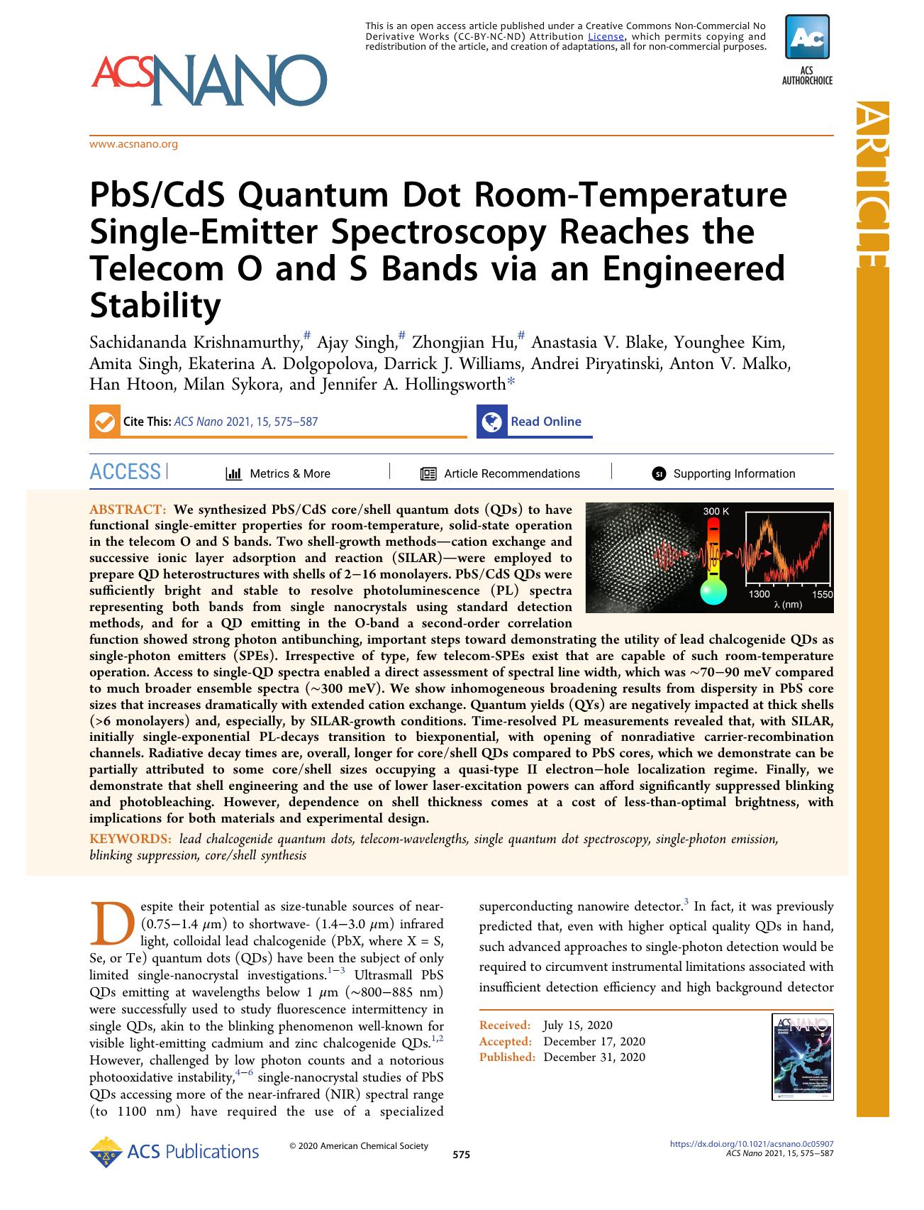PbSCdS Quantum Dot Room-Temperature Single-Emitter Spectroscopy Reaches the Telecom O and S Bands via an Engineered Stability by unknow
