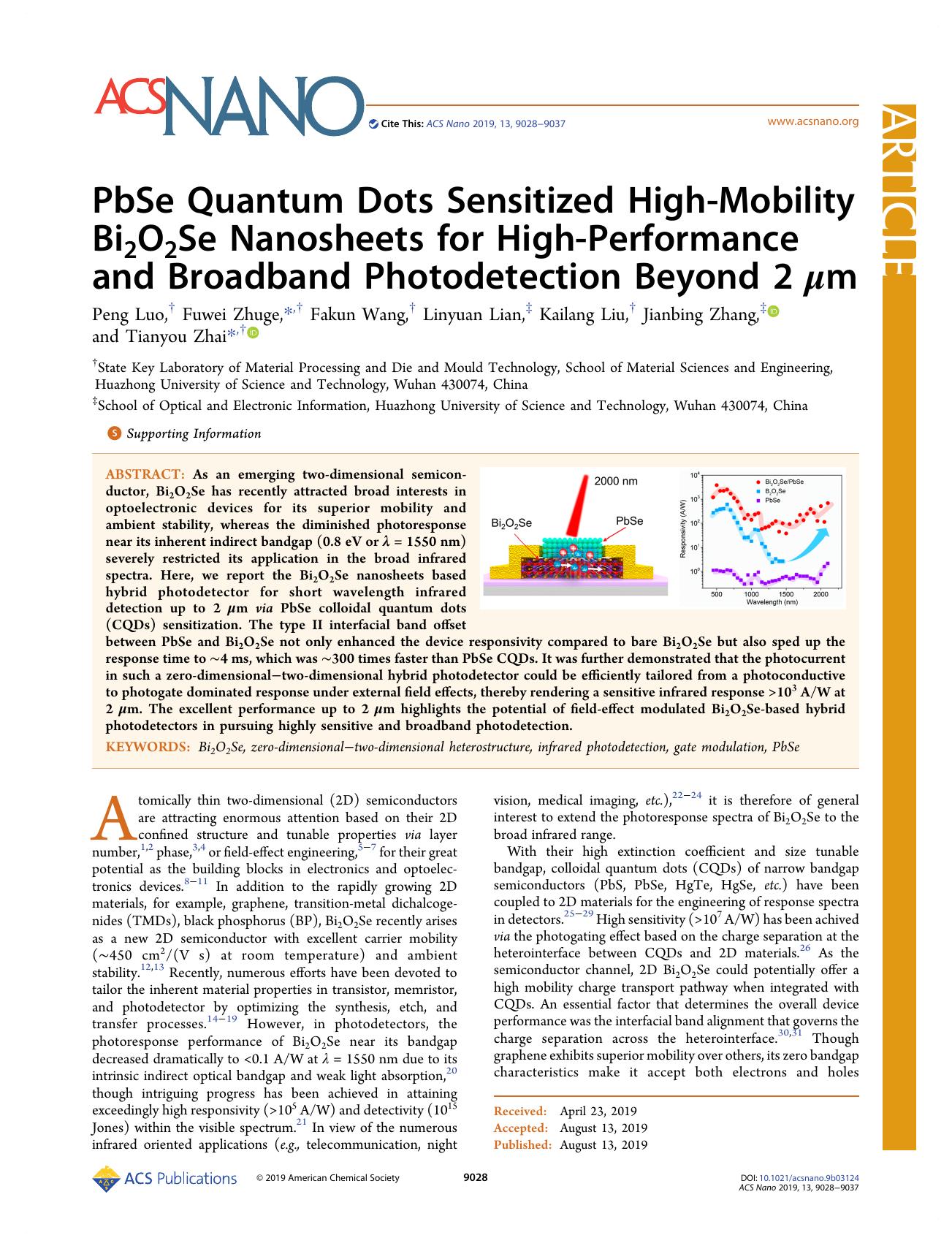 PbSe Quantum Dots Sensitized High-Mobility Bi2O2Se Nanosheets for High-Performance and Broadband Photodetection Beyond 2 Î¼m by Peng Luo Fuwei Zhuge Fakun Wang Linyuan Lian Kailang Liu Jianbing Zhang and Tianyou Zhai
