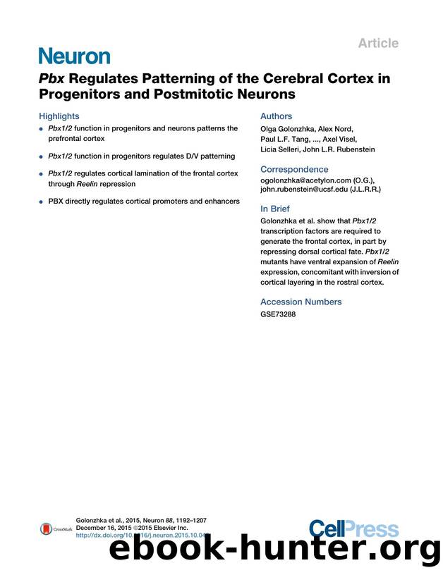 Pbx Regulates Patterning of the Cerebral Cortex in Progenitors and Postmitotic Neurons by unknow