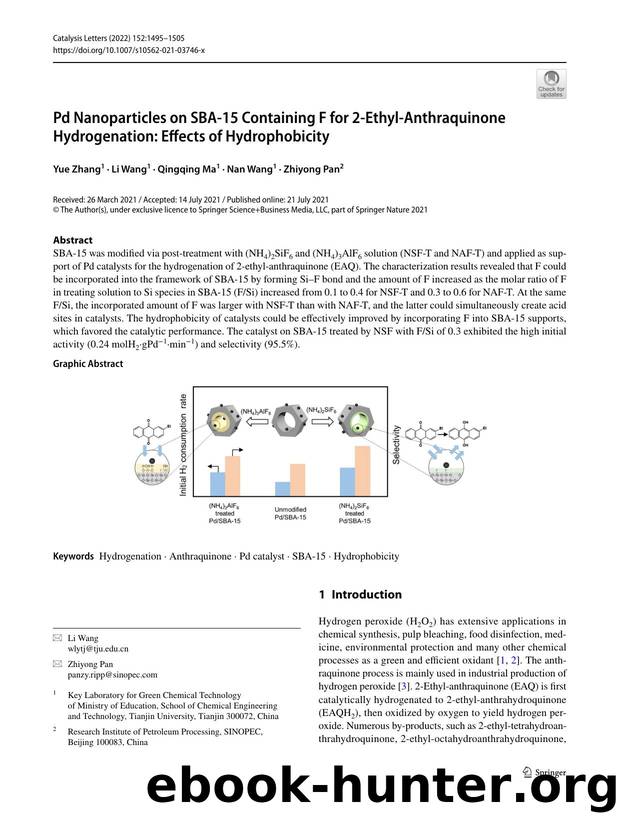 Pd Nanoparticles on SBA-15 Containing F for 2-Ethyl-Anthraquinone Hydrogenation: Effects of Hydrophobicity by Yue Zhang & Li Wang & Qingqing Ma & Nan Wang & Zhiyong Pan