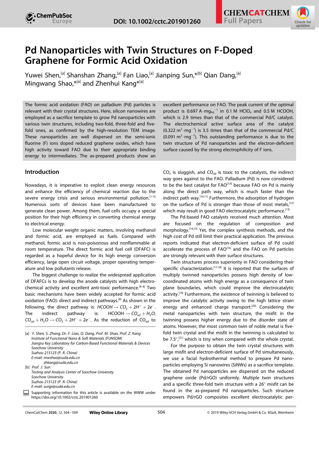 Pd Nanoparticles with Twin Structures on FâDoped Graphene for Formic Acid Oxidation by Unknown